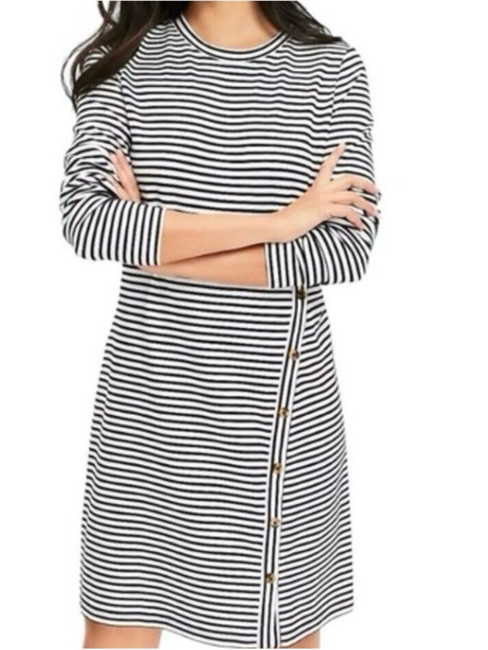 LOFT Black and White Striped Crew Neck Top